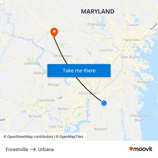 Forestville to Urbana map