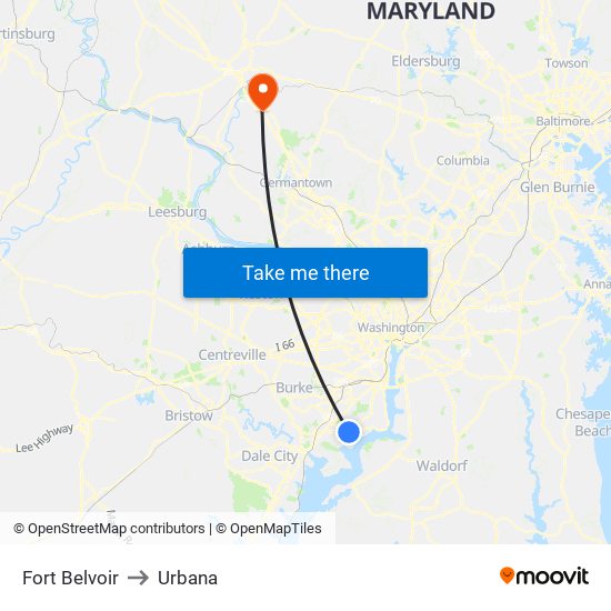 Fort Belvoir to Urbana map