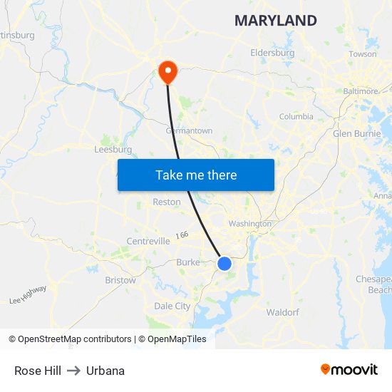 Rose Hill to Urbana map