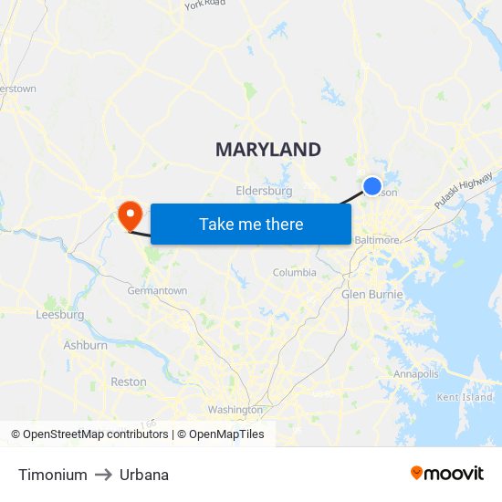 Timonium to Urbana map