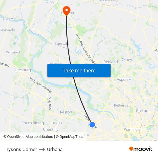Tysons Corner to Urbana map