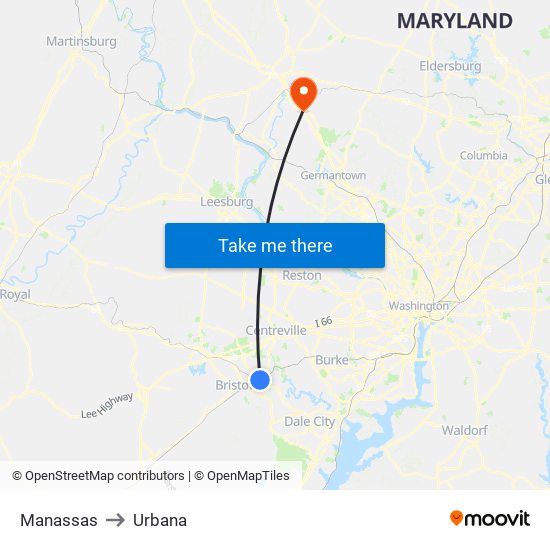 Manassas to Urbana map