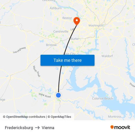 Fredericksburg to Vienna map