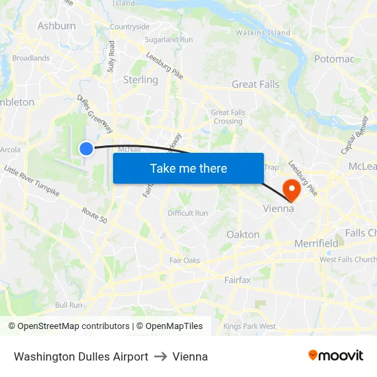 Washington Dulles Airport to Vienna map