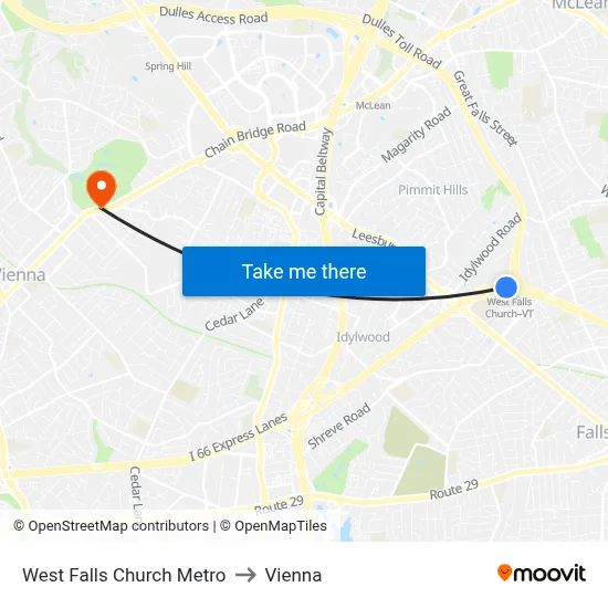 West Falls Church Metro to Vienna map