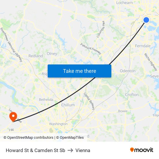 Howard St & Camden St Sb to Vienna map