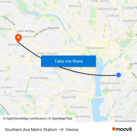 Southern Ave Metro Station to Vienna map