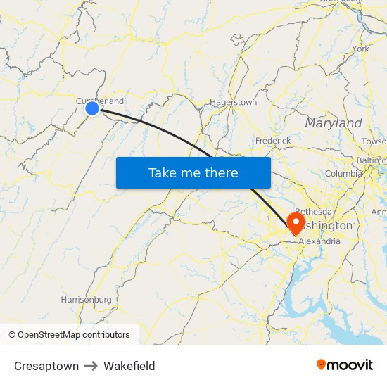 Cresaptown to Wakefield map