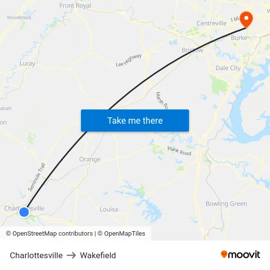 Charlottesville to Wakefield map
