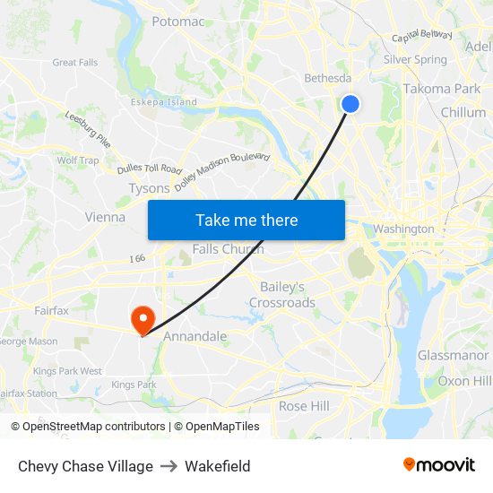 Chevy Chase Village to Wakefield map