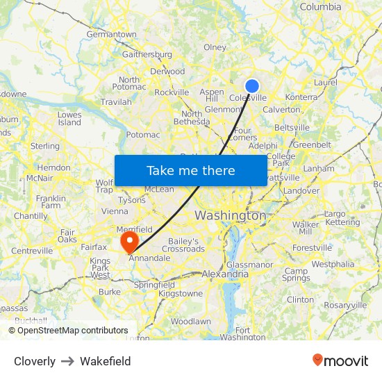 Cloverly to Wakefield map