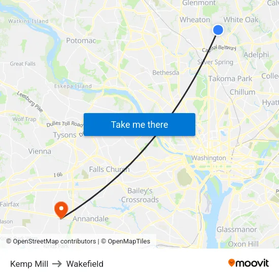 Kemp Mill to Wakefield map