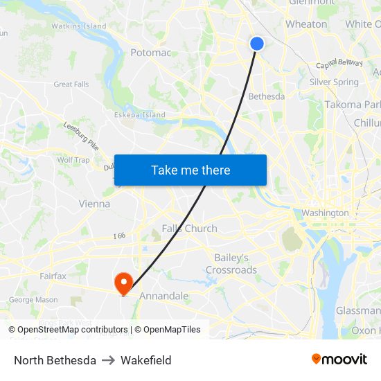 North Bethesda to Wakefield map