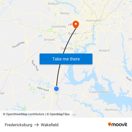 Fredericksburg to Wakefield map