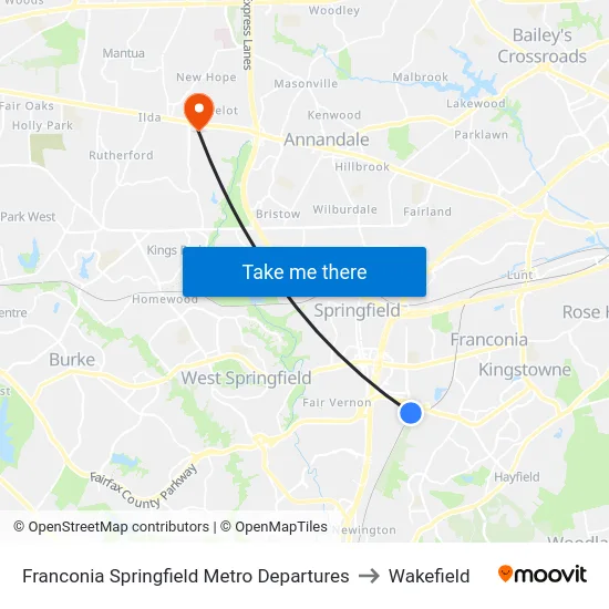 Franconia Springfield Metro Departures to Wakefield map