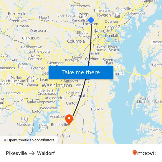 Pikesville to Waldorf map