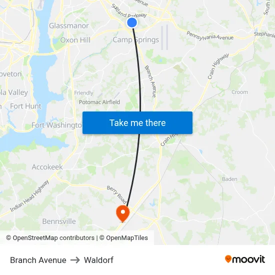 Branch Avenue to Waldorf map