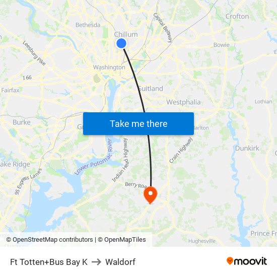 Fort Totten+Bay K to Waldorf map