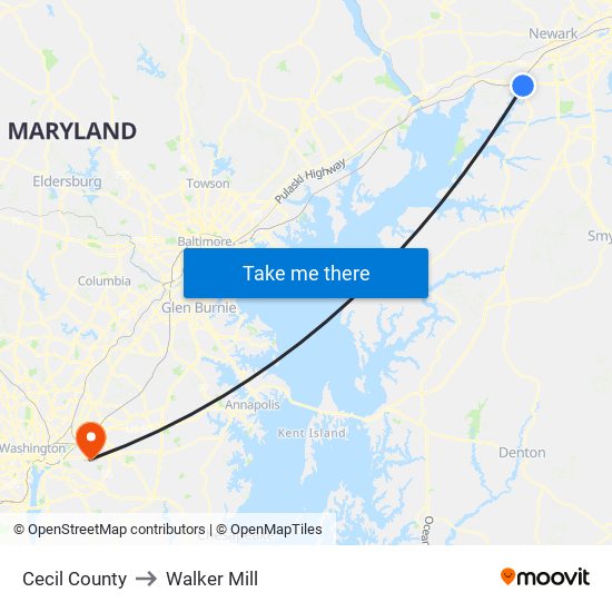 Cecil County to Walker Mill map