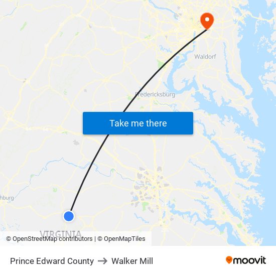 Prince Edward County to Walker Mill map
