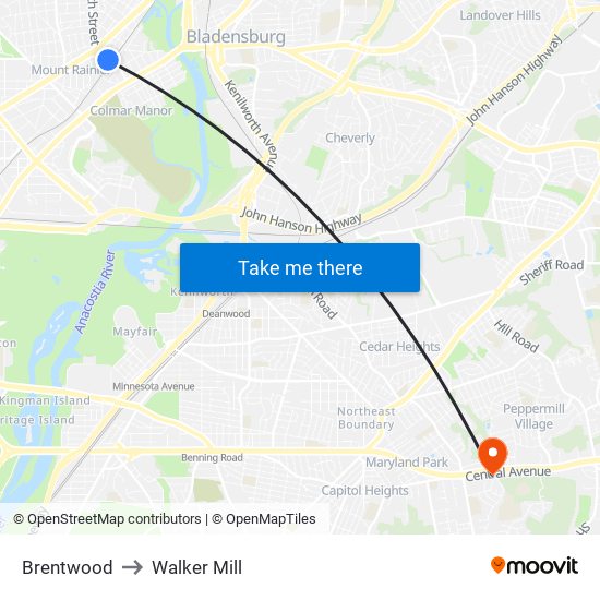 Brentwood to Walker Mill map