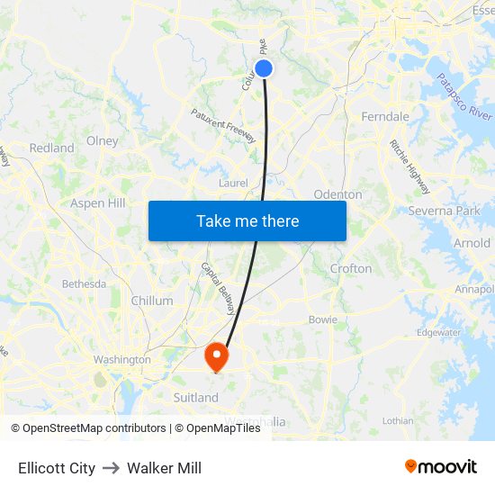 Ellicott City to Walker Mill map