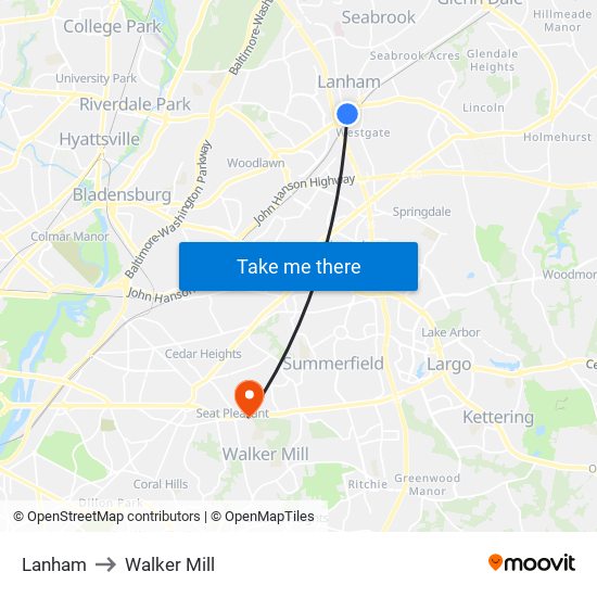Lanham to Walker Mill map