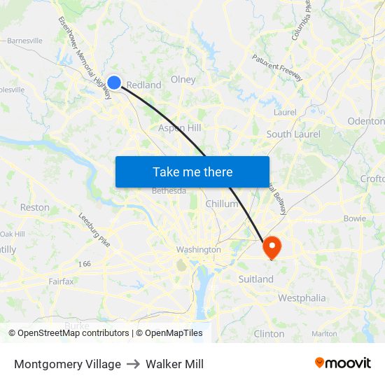 Montgomery Village to Walker Mill map