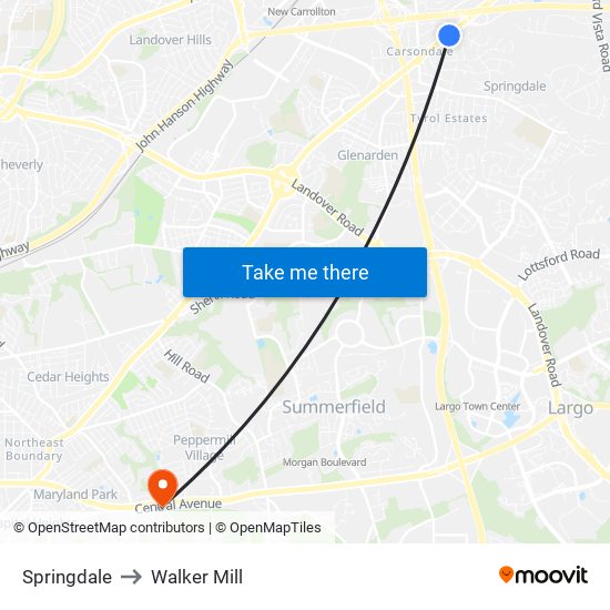 Springdale to Walker Mill map