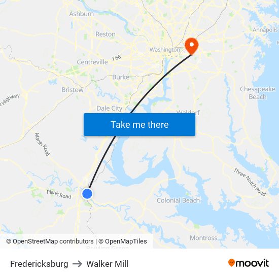 Fredericksburg to Walker Mill map