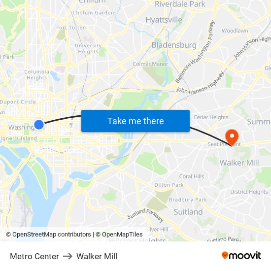 Metro Center to Walker Mill map