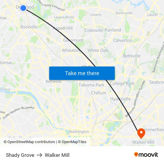 Shady Grove to Walker Mill map