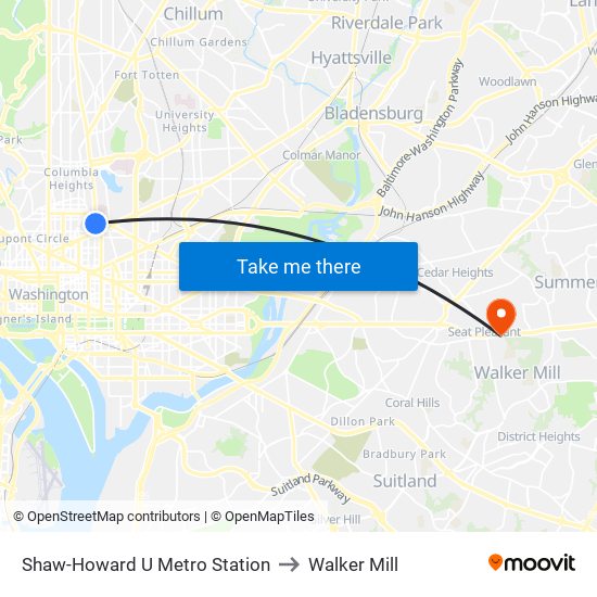 Shaw-Howard U Metro Station to Walker Mill map