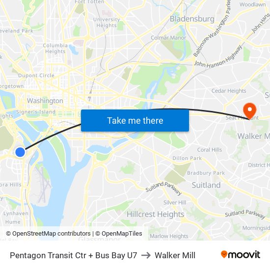 Pentagon Transit Ctr + Bus Bay U7 to Walker Mill map