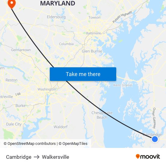 Cambridge to Walkersville map