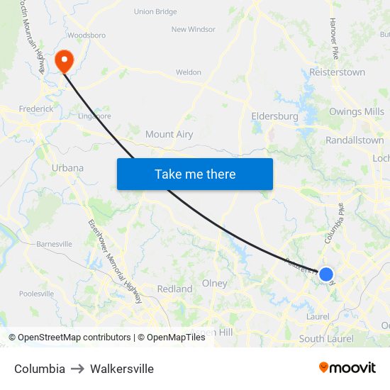 Columbia to Walkersville map