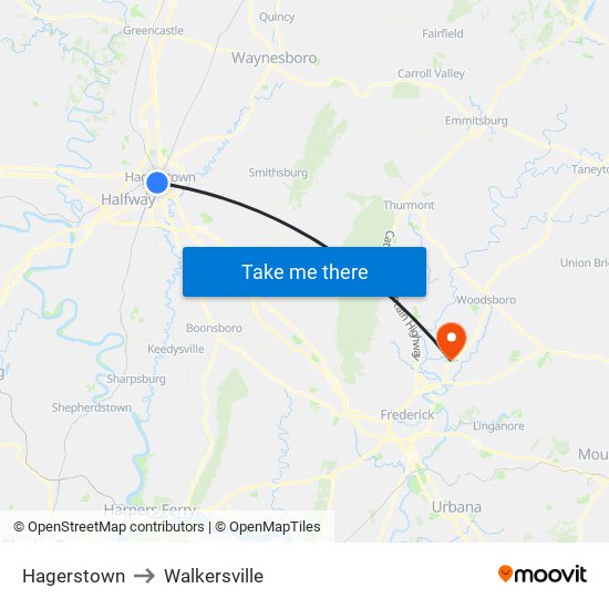 Hagerstown to Walkersville map