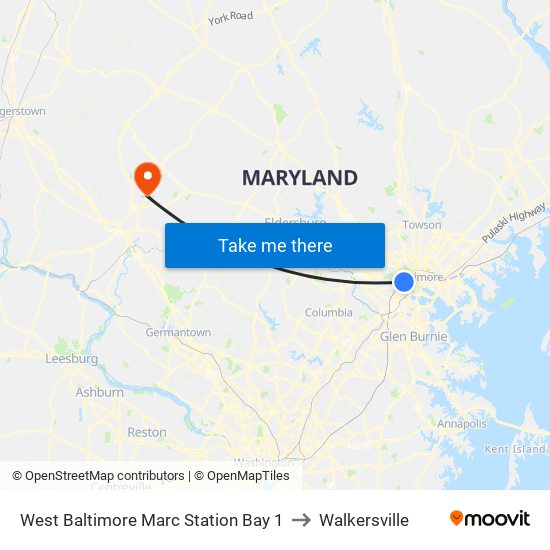 West Baltimore Marc Station Bay 1 to Walkersville map