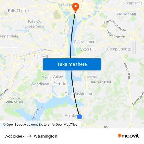 Accokeek to Washington map