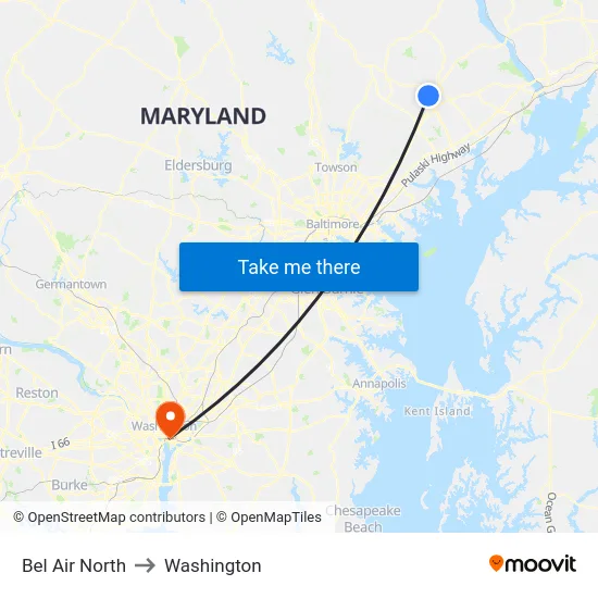 Bel Air North to Washington map