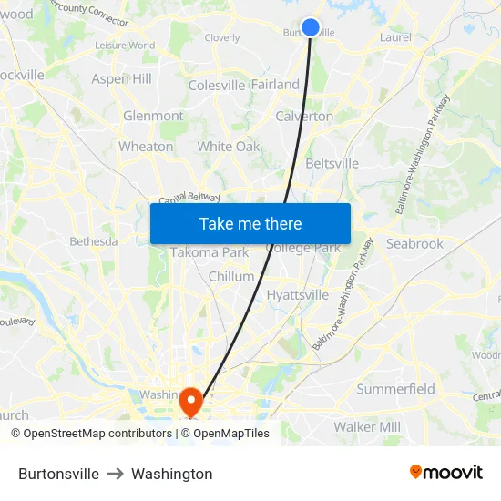 Burtonsville to Washington map