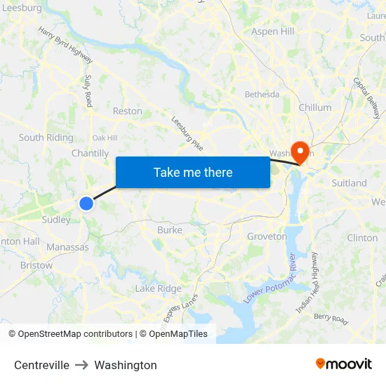 Centreville to Washington map