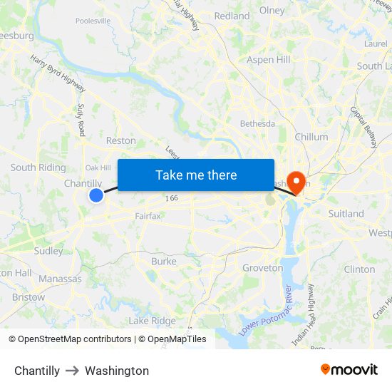 Chantilly to Washington map