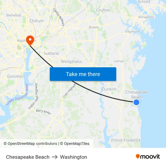 Chesapeake Beach to Washington map