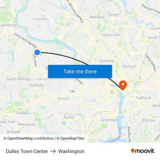 Dulles Town Center to Washington map