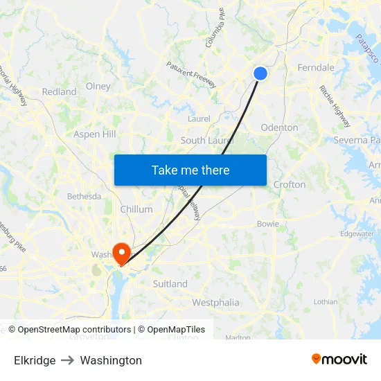 Elkridge to Washington map