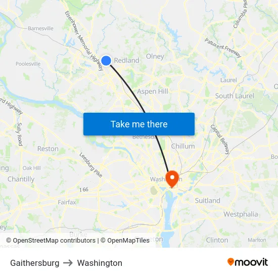 Gaithersburg to Washington map