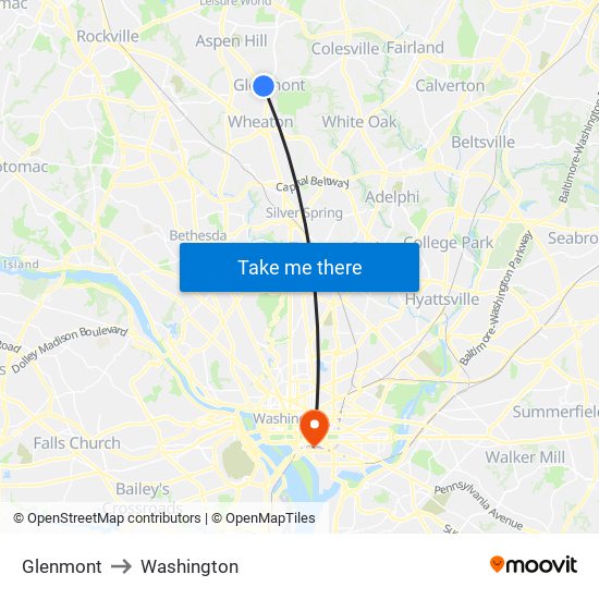 Glenmont to Washington map