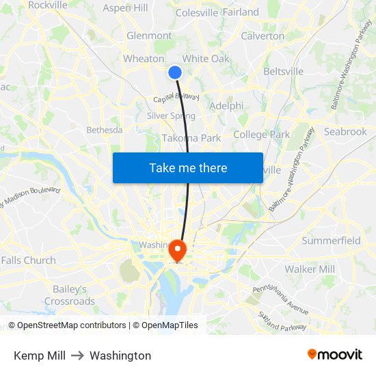 Kemp Mill to Washington map