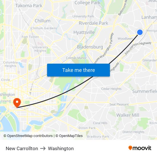 New Carrollton to Washington map